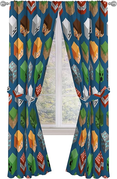Jay Franco Minecraft Isometric Blue 84" Inch Drapes 4 Piece Set - Beautiful Room Decor & Easy Set Up, Bedding Features Creeper - Window Curtains Include 2 Panels & 2 Tiebacks