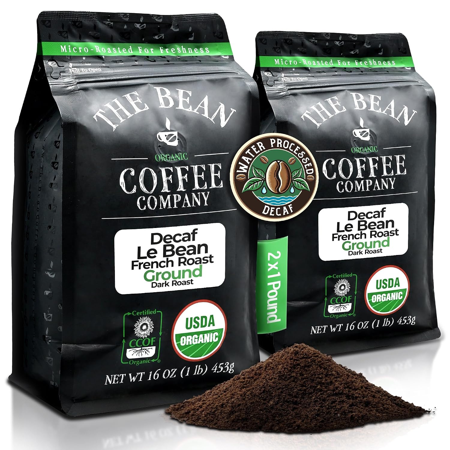 The Bean Organic Coffee Company Water Processed DECAF Le Bean, Dark French Roast, Ground Coffee, 16-Ounce Bags Pack of 2, Café Molido Tostado Orgánico descafeinado