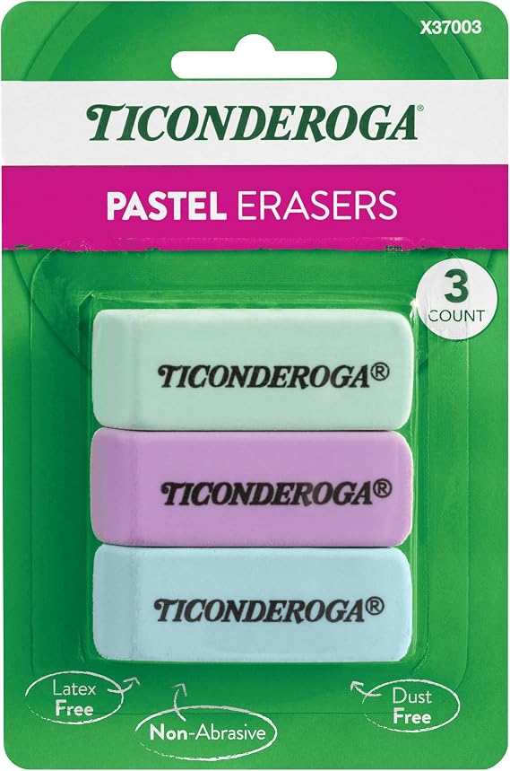 Ticonderoga Wedge Erasers, Pastel Colors, 3 Count