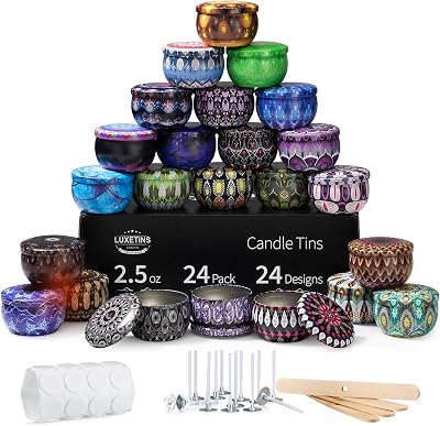 Luxetins 24 Pack Empty Candle Tins, 24 Designs Metal Tins,Candle Containers with Lids,Bulk Candle Jars,Wicks, Stickers, Wicks Holder for DIY Candle Crafting Small Businesses4OZ24PCS