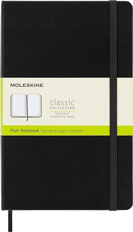Moleskine Classic Notebook, Large, Plain, Black, Hard Cover (5 x 8.25) | Large 5" x 8.25" notebook with 240 plain pages for sketching, drawing, journaling, and creative ideas.