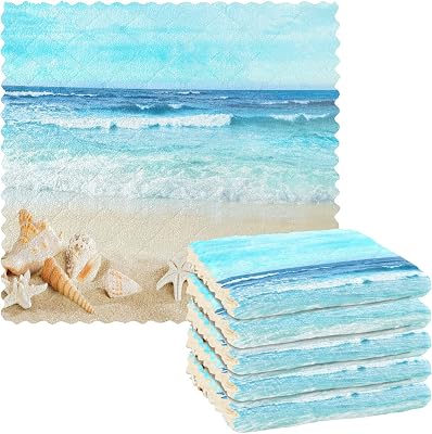 VIGTRO Summer Beach Theme Super Absorbent Kitchen Towels, Sand Starfish Premium Dish Cloths Towels, Washable Fast Drying Dish Rags Reusable Cleaning Cloth 11x11 6 Pack