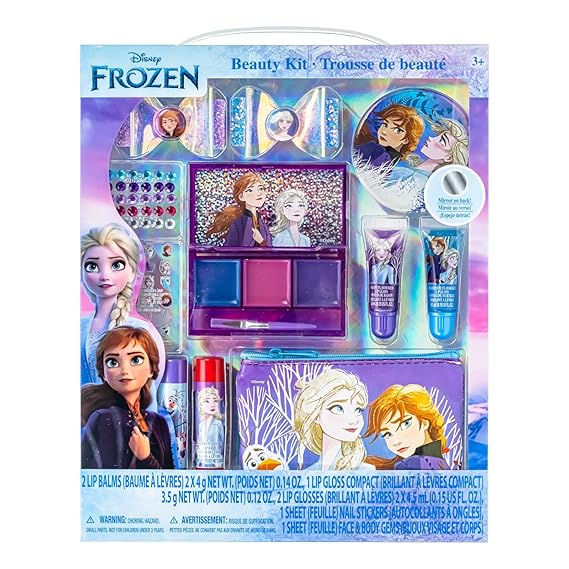Disney Frozen Super Sparkly Kids Makeup Set for Girls, Beauty Kit Include Clips, Lip Gloss, Nail Stickers, Lip Balm, Purse, Ideal Gift for Girls Aged 3+ by Townley Girl