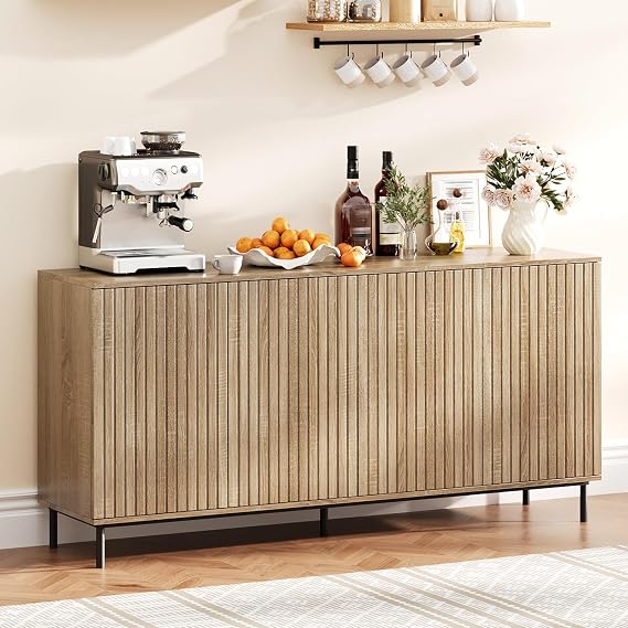 63" Fluted Sideboard Buffet Cabinet with 4 Doors, Sideboard Buffet Cabinet with Adjustable Shelves and Metal Legs, Modern Credenza, Console Table Entryway Cabinets for Living Room