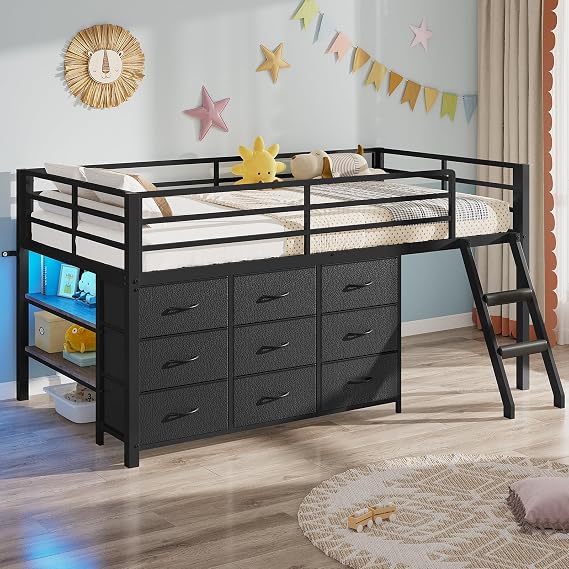 BTHFST Twin Loft Bed for Kids, Low Loft Bed Twin Size with 9 Storage Dresser, LED Lights, 2 Storage Shelves & Stairs, Metal Black Bed with Safety Guardrail for Young Teens, Space Saving, Black