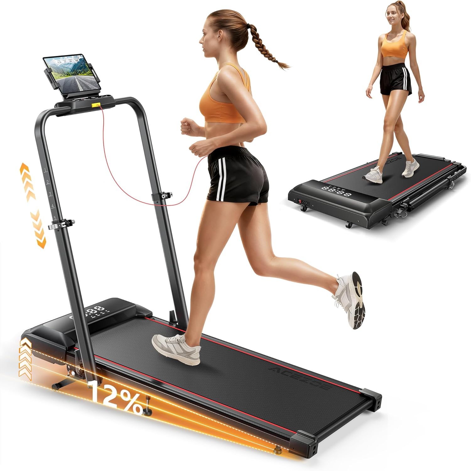 Folding Walking Pad with 12% Incline, Treadmills for Home Foldable, 2.5HP Under Desk Treadmills with Adjustable Hight, 10 KMH Running Machines for Home with Remote & APP Control