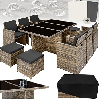 tectake Polyrattan Garden Furniture Set Set with 6 Chairs + 1 Glass Top Table + 4 Stools Garden Lounge Set Foldable with Aluminium Frame for 10 People Balcony Furniture Includes 2 Cover Sets - Natural
