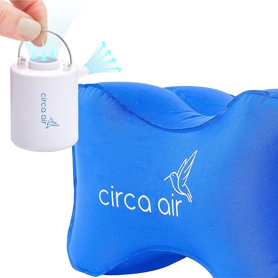 Circa Air Inflatable Knee Pillow (Blue) and Mini Pump Bundle - Travel Knee Pillow for Side Sleepers, Sciatica Relief, or Joint Pain + Rechargeable USB Mini Air Pump, Small Portable Travel Pump
