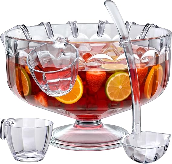 Amazing Abby - Paloma - Acrylic 2-Gallon Punch Bowl Set, Plastic Clear Punch Bowl with Ladle and 8 Cups, Beverage Server Set, BPA-Free, Shatter-Proof, Great for Wedding, Party, and Outdoor Hosting