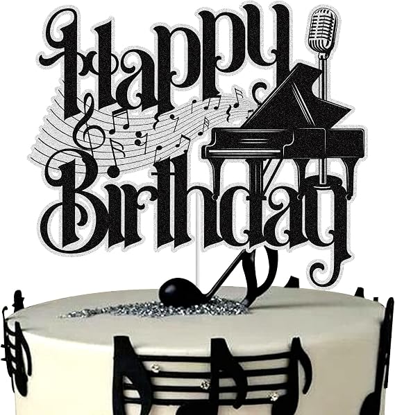 Music Piano Happy Birthday Cake Toppers Black Glitter Musical Cake Notes Cake Decoration Music Lover Theme Birthday Party Supplies for Musician