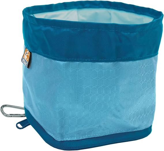 Kurgo Zippy Bowl Collapsible Travel Dog Bowl, 48 oz, Coastal Blue | Foldable Silicone Travel Bowl With Carabiner Clip, Zips Flat for Storage, BPA & Phthalate-Free, Machine Washable