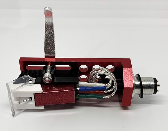 Cartridge and Stylus, Conical needle and Red Headshell with mounting bolts for Hitachi HT50S, HT20S, HT21, HT405, HT65S, HT67, HT68, HTM50, HT40S