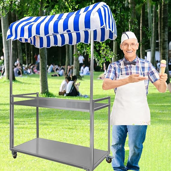 Foldable Vending Food Cart for Sale Ice Cream, Rolling Hot Dog Stall Cart for Sale Candy/Dessert/Toy, Lightweight Farmers Market Trolly(Blue,Width/120cm(47.2"))