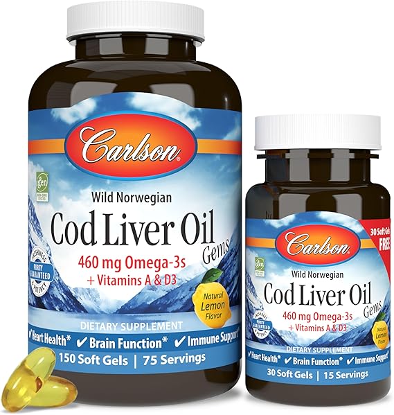 Carlson Cod Liver Oil Gems, 460 mg, Omega-3s, Lemon, 150 + 30 Softgels | plus Vitamins A and D3; Wild Caught Norwegian Arctic Cod Liver Oil; Sustainably Sourced Nordic Fish Oil Capsules