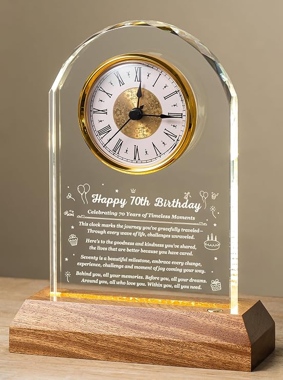 70th Birthday Clock Gifts for Women Men, 70 Year Old Glass Quartz Keepsake | Wooden LED Base, Presents for Turning 70 Mom, Dad, Friends, Grandma or Grandpa, Happy 70th Birthday Gift Ideas for Her Him