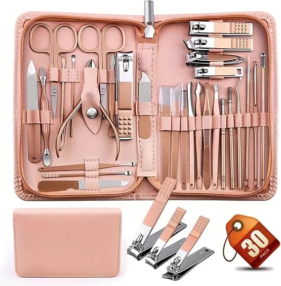 30 Piece Manicure Set Professional Nail Clipper Set Stainless Steel Solid Manicure Set Nail Care Set Valentine's Day (Pink) with Pink Box