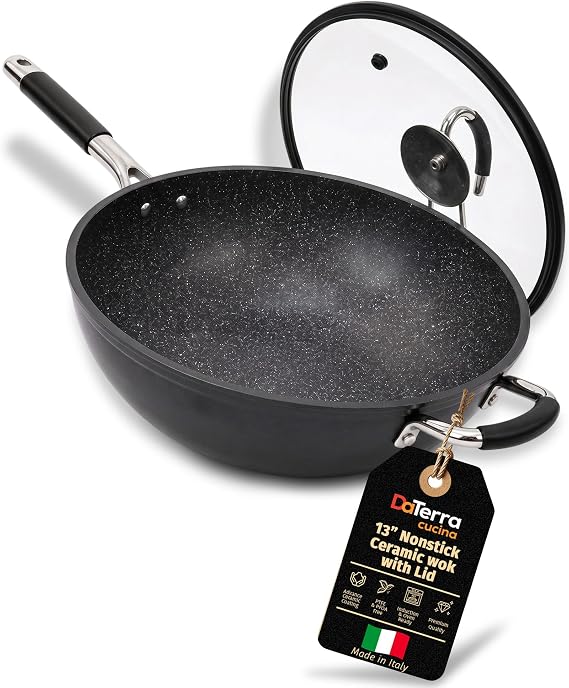 DaTerra Cucina - Nonstick Ceramic Wok with Lid - Oven & Induction Safe, 13" | Italian Crafted Cookware, PTFE, PFOA Free, Tempered Glass Lid, Oven Safe up to 450F, Even Heat Distribution, Easy Cleanup