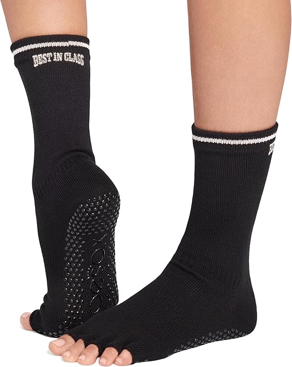 toesox Women's Cotton Crew Toe Socks with Grip Long Half Toe Socks for Women, Five Finger Design for Yoga, Barre & Pilates