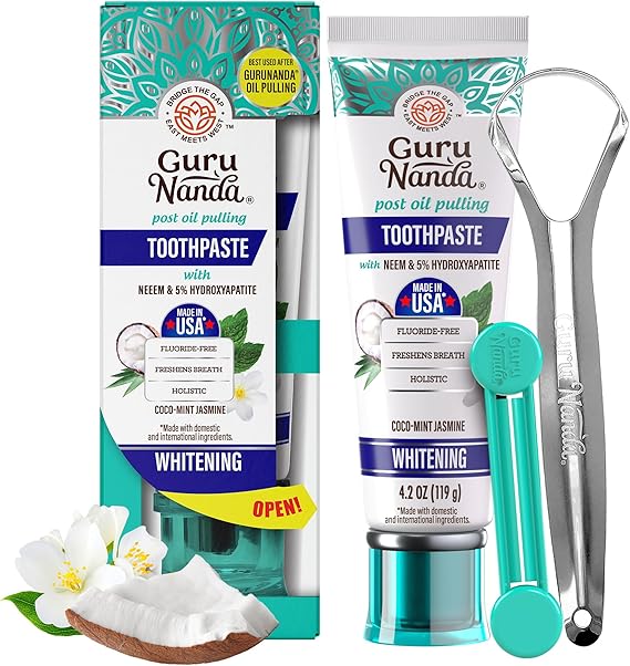 GuruNanda Hydroxyapatite Toothpaste with Neem, SLS & Fluoride Free, 4.2oz | Whitening Toothpaste for Sensitive Teeth with Xylitol|Fights Plaque|With Tongue Scraper, Toothpaste Squeezer|CocoMint Jasmine