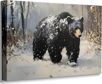 Black Bear Snowy Forest Canvas Wall Art - Modern Neutral Wildlife Painting, Abstract Winter Landscape Print for Bedroom Office, Contemporary Framed Wall Decor Ready to Hang (16"x24")