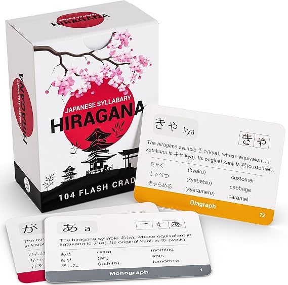 Japanese Hiragana Flash Cards for Kids & Adults 104 Alphabet Learning Cards with Pictures & Stroke Order Study Aid for Beginners, Teachers, Classrooms, Homeschool Language Learning Tools
