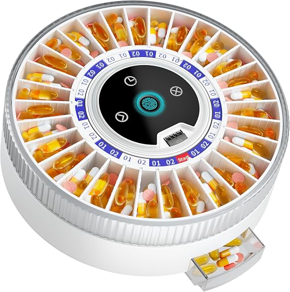 Windtrace Bluetooth Automatic Pill Dispenser for Elderly with Alarm, Smart Pill Dispenser with 31-Slot, Fingerprint& Mechanical Dual Lock Medication Dispenser, Timed Dispenser Machine for Elderly