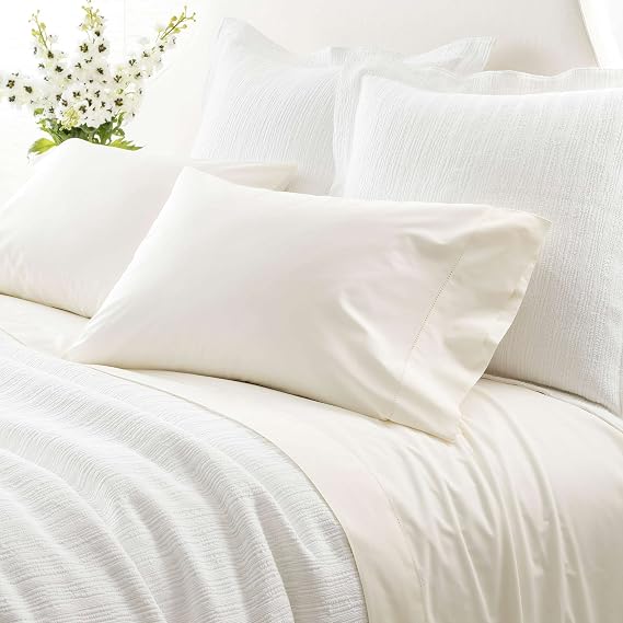 Pine Cone Hill Classic Hemstitch Ivory Sheet Set, Queen Size, Ivory Solid Pattern