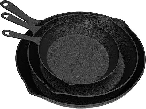 Pre Seasoned Cast Iron Skillets - 3 Pan Set - 9 inches, 8 inches, 6 inches - 1.5 to 2 inches deep - Durable with Strong Handle - Great for both veggies and meat