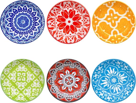 6 Pcs Porcelain Tapas Dishes, Small Spice Bowls,9.7cm Small Ceramic Dipping Bowl, Snack Bowls for Sushi, Sauce, Bohemian Style, Microwave & Dishwasher Safe