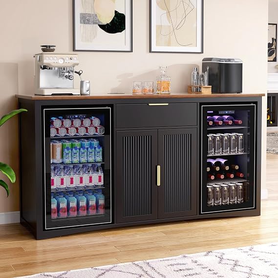 GDLF 70.1" Coffee Bar Cabinet with Fridge Space, Fluted Sideboard,Black | 2 Fridge Spaces, Power Outlet,, Drawer & Cabinet Storage, Two-Tone Design, Warm Brown Wood Top, Living Room & Basement