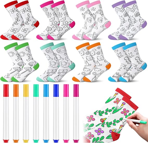 Glitopper 8 Pairs Coloring Socks with 8 Fabric Markers for Doodle Art,M | Washable Markers, Creative Birthday Party Gifts for Boys Girls, Reusable Blank Canvas Design, Screen-free Art Activities