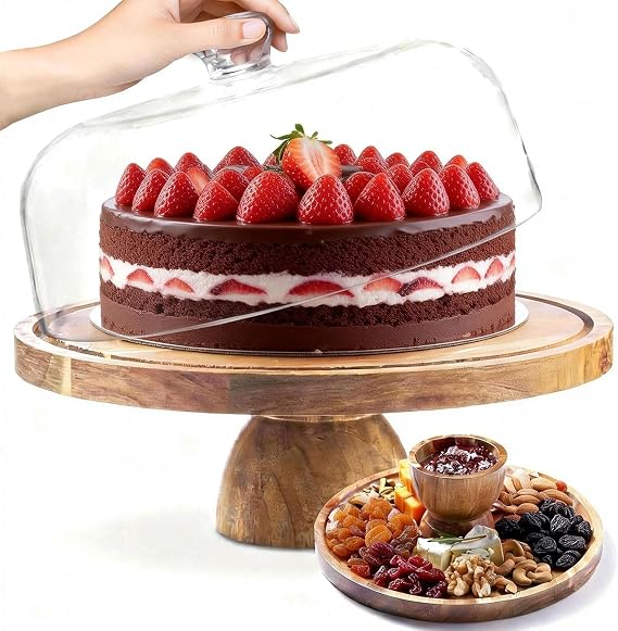 12 Inch Cake Stand with Dome Lid, Acacia Wood Cake Board with Acrylic Dome Cover, Versatile Wooden Dessert Table Display Set & Charcuterie Board for Birthdays, Weddings, Parties, Baking Gifts
