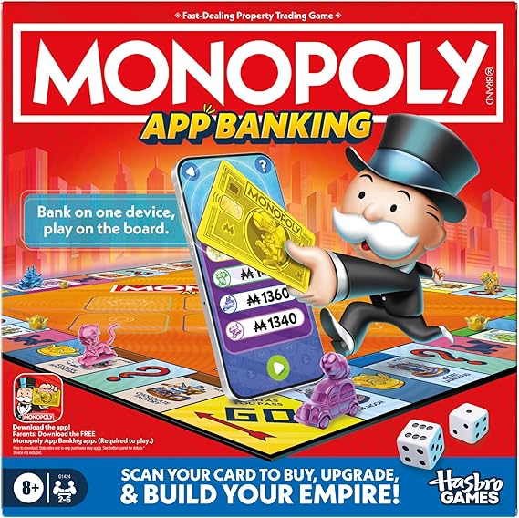 Monopoly App Banking Board Game Digital Banking Card Free App Integration AR Mini Game No Cash Fast Play Monopoly with Device Stand & 6 Tokens Ages 8+ Family Fun