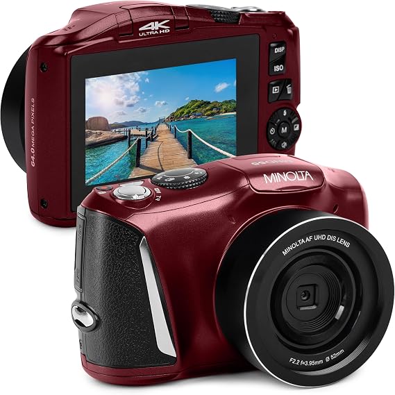 Minolta MND55 64MP VLOG Digital Camera, 4K 60FPS Video, 16X Zoom (Red)