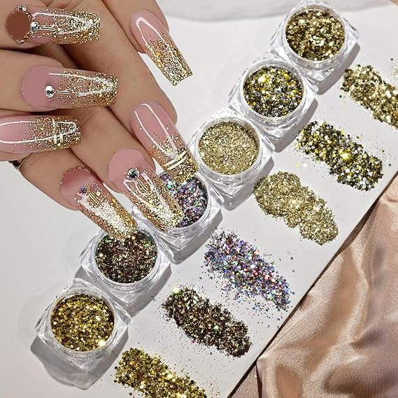 Foil Gold Flakes for Nails Pigment Mirror Flake Effect Chrome Nail Powder Gold Nail Glitter Sequins Manicure Glitter for Nails
