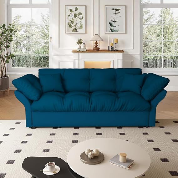 74.8" Queen Size Sleeper Sofa with Pull Out Bed, Blue