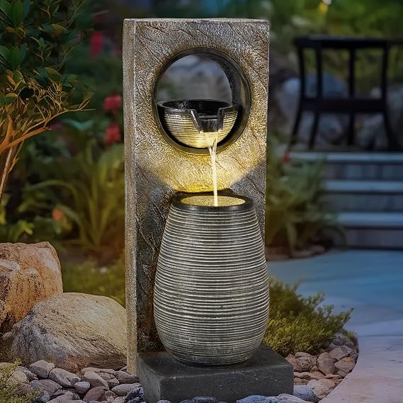 Tall Outdoor Fountain with LED Lights, 39.7'' H Water Fountain Modern, Outdoor Freestanding Fountains for Garden Yard Home Decor
