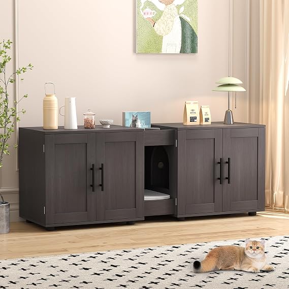 Litter Box Enclosure with Double Room, Cat Hidden Litter Box Enclosure Furniture for 2 Cats, Wooden Enclosed Cat Litter Box Furniture,55”Lx17.7”Wx20.6”H Cat House with Scratching Pad, Walnut