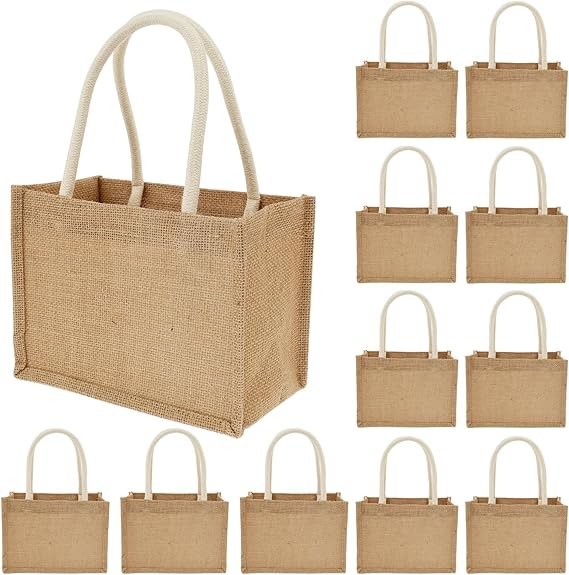 12 Pack Burlap Tote Bags,Reusable Jute Canvas Linen Bags with Handles,Bulk Shopping Grocery Kitchen Beach Picnic Bags for Women Wedding Bachelorette Bridesmaid DIY Decorate Party Favors