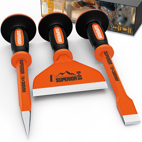 3PCS Heavy Duty Masonry Chisel Set with Hand Guard, 12 Inch Point & Flat, 8.5 Inch Brick Chisel, Stone Rock Concrete Chisel Tool for Breaking, Splitting, Cutting and Demolition
