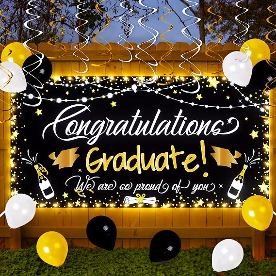 Graduation Decorations Class of 2026 - Lighted Large Congrats Grad Banner Garland Photo BackdropBalloonsHanging Swirls Party Supplies 25PCS, Black, Not Include Battery