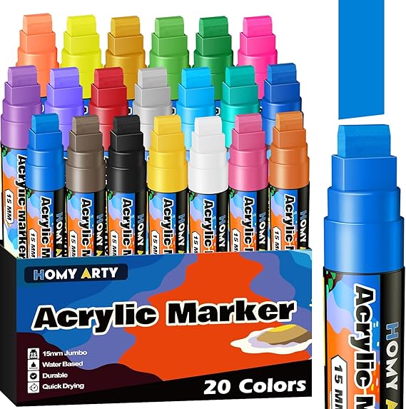 HOMY ARTY Acrylic Paint Markers 20 Colors, 15mm Jumbo Tip, Waterproof and Permanent Paint Pens for Stones, Signs, Poster Marker for Calligraphy