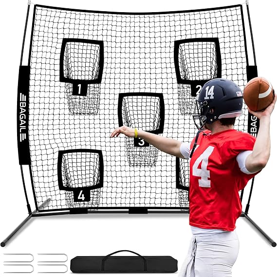 BAGAIL Football Throwing Net - 5 or 9 Target Pockets, Easy Setup, Heavy-Duty - Portable QB Accuracy Trainer, Fun Target Practice Net for Football with Carry Bag