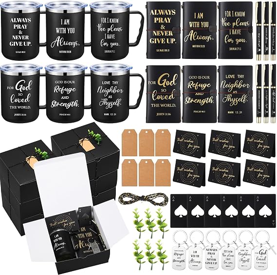 Geiserailie 6 Sets Christian Faith Gifts for Men, Man of God 17oz Religious Coffee Mugs Keychain Notebook Bottle Opener Greeting Card Inspirational Gifts for Church Pastor Bible Study Group(Black)