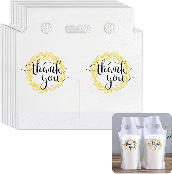 YHNTGB 200 Pcs Handle Drinking Poly Bags Double Cup Clear Plastic Packaging Carriers Take Out Delivery for Beverage Coffee Juice Mike Tea Stores 11 x 11.8 Inch