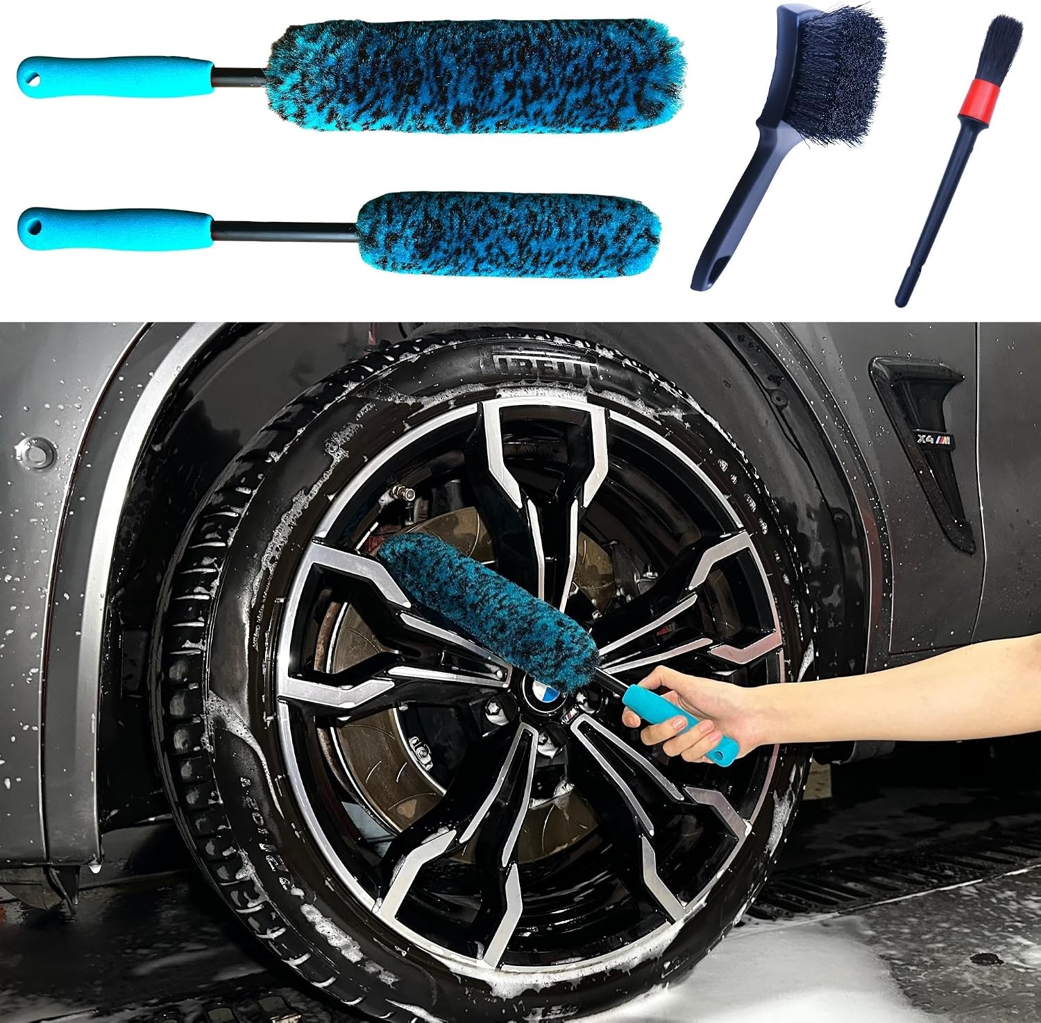 Professional 4 Pack Long Handle Wheel Brush Kit for Cleaning Wheel and Tire- 2X Soft Wheel Cleaning Brush, Detailing Brush and Stiff Tire Brush, Bendable& Durable Wheel Rim Cleaner Brush Set