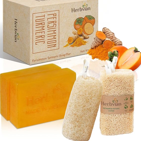 Natural Skincare & Cleansing Set Turmeric-Persimmon Soap with Plant-Based Loofah Sponge