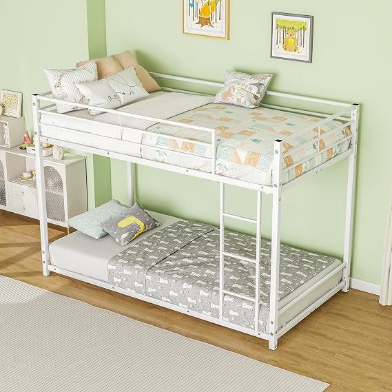 3FT Single Over Single Bunk Beds, Single Loft Bed, White | Metal Heavy Duty Single Size Bunk Beds, Single Bed Frmae for Adults,Loft Bed With Ladder and Guardrail