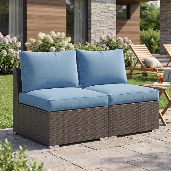 Solaste Wider 2 Pieces Outdoor Sofa, Patio Rattan Sectional Sofa, All-Weather Wicker Armless Patio Loveseat Furniture with Cushion for Porch Balcony Garden Poolside (Blue)