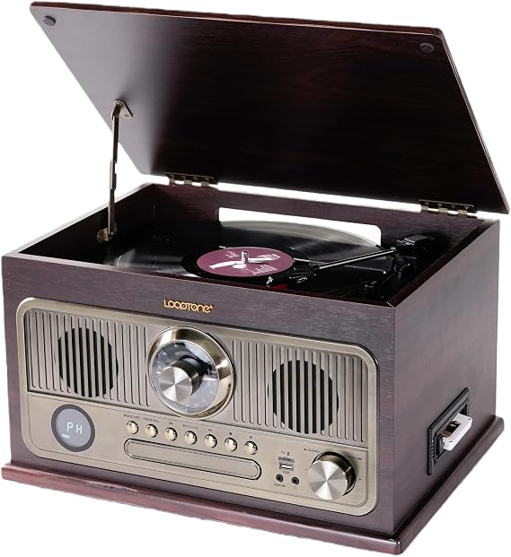 LoopTone All in One Bluetooth Vintage Turntable with 3 Speed Vinyl Record Player,CD Player/Cassette Tape/USB/TF Card,AUX in,FM/AM Radio,RCA Out,Recording